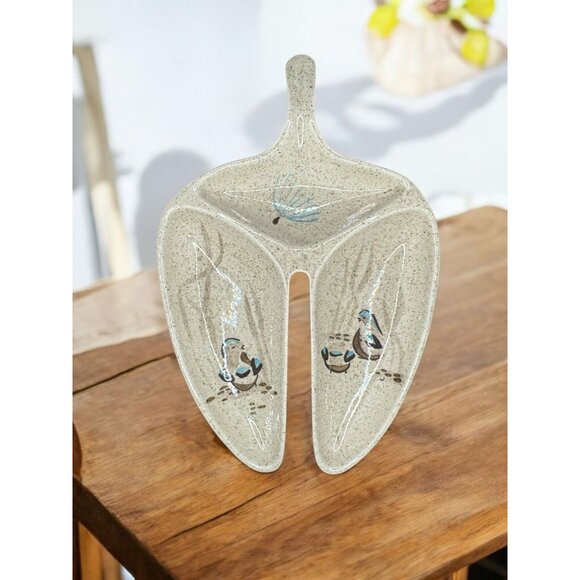 Vintage Red Wing Pottery Bob White Quail Pattern Triple Section Serving Bowl Rel - Picture 3 of 11